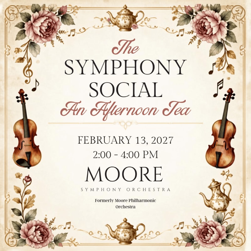 A vintage-style invitation for "The Symphony Social: An Afternoon Tea" on February 13, 2027, features violins and teapots in the foreground against a decorative floral and musical note border.