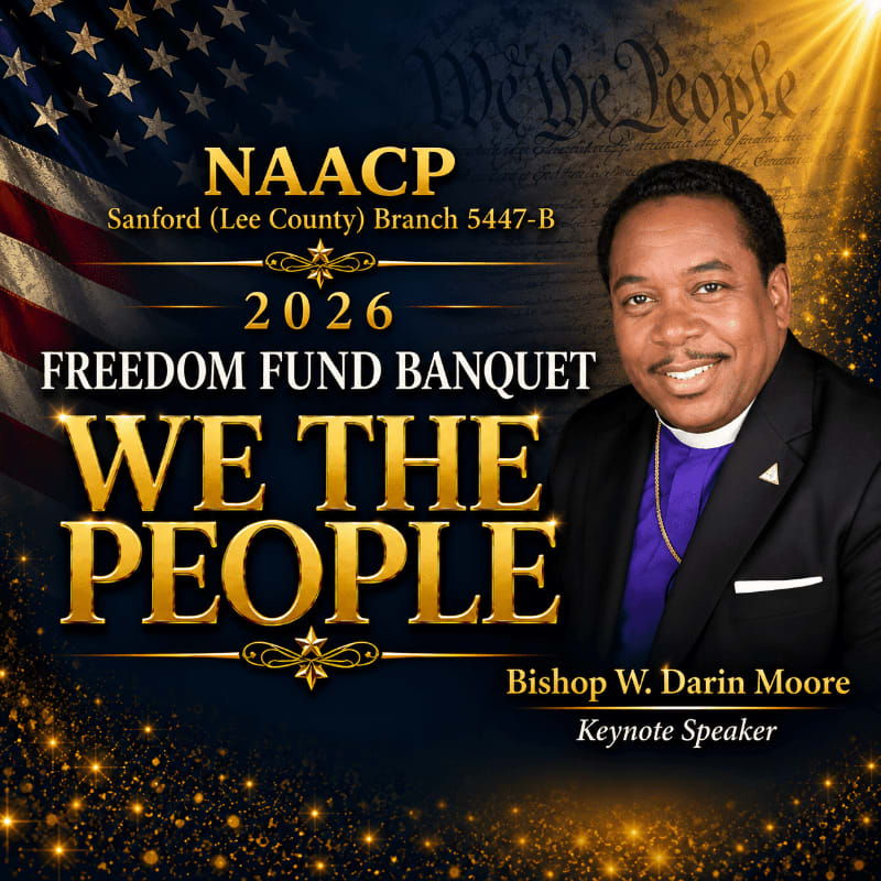 A smiling bishop in a suit and clerical collar stands to the right, while the left features the NAACP logo, event details for the 2026 Freedom Fund Banquet, and the American flag.