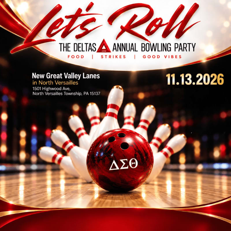 A bowling ball with "ΔΣΘ" on it sits in front of a set of pins, with a blurred background of bowling alley lights and decorative red and gold swirls.