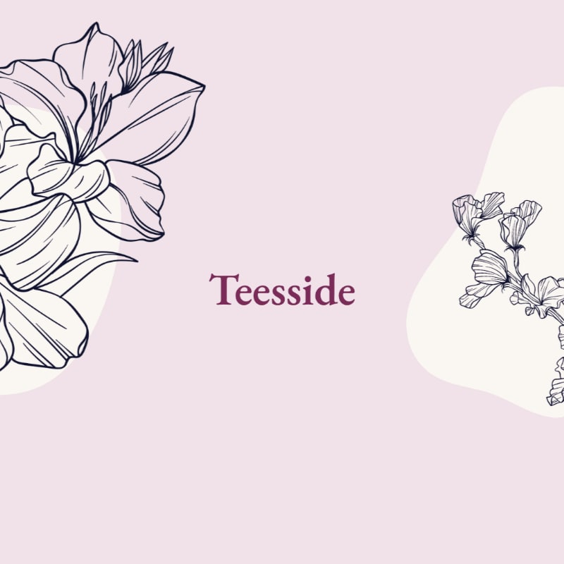 Line drawings of flowers frame the word "Teesside" against a soft pink and cream background.