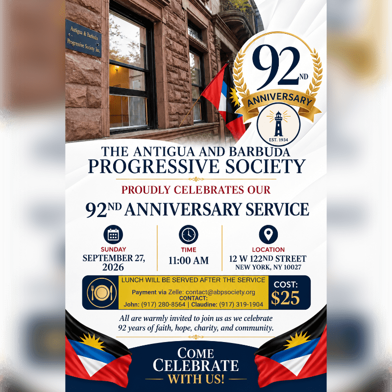 A flyer announcing the 92nd anniversary service of The Antigua and Barbuda Progressive Society is overlaid on a brick building with flags, featuring event details at the bottom.