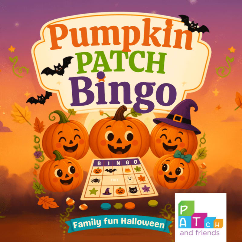 Five smiling pumpkins surround a bingo card with Halloween-themed images, set against a twilight sky with bats and falling leaves.