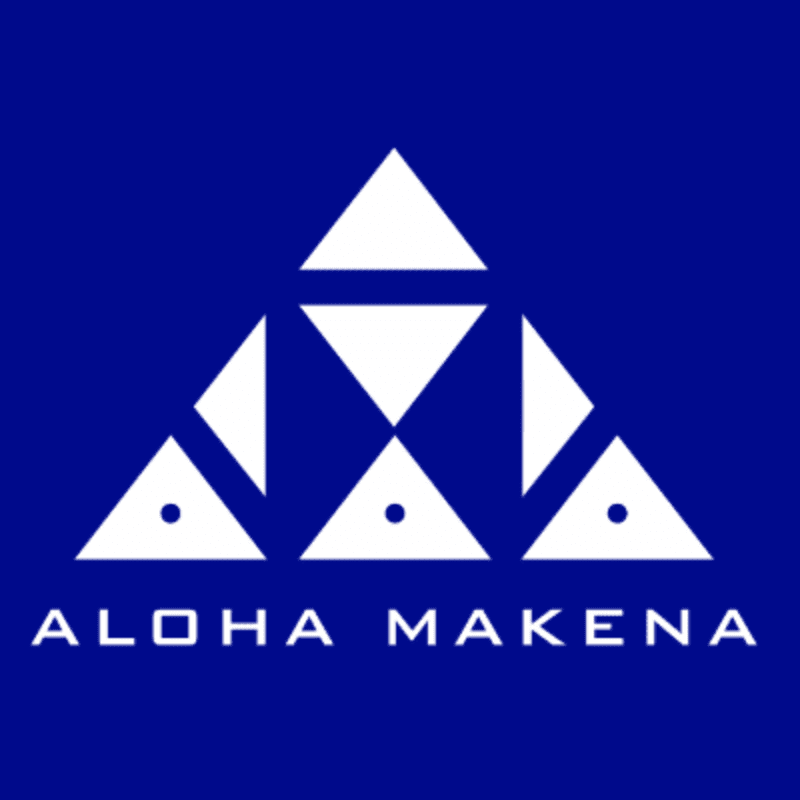 White geometric shapes resembling stylized fish and triangles form a crest above the text "ALOHA MAKENA" on a solid blue background.