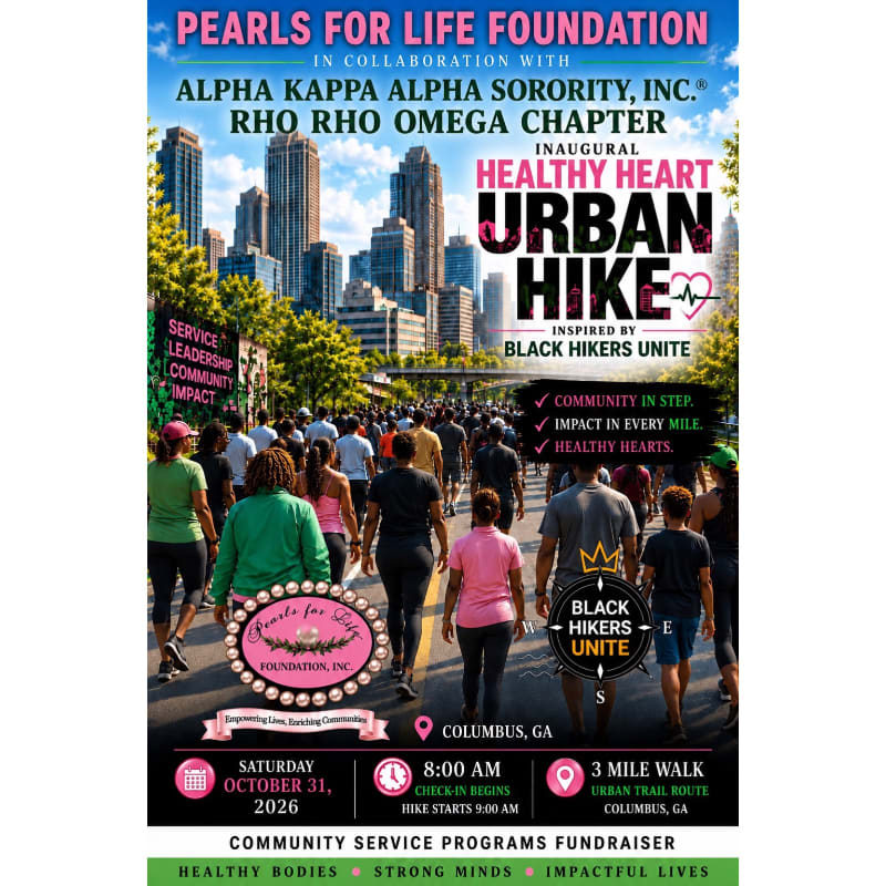 A crowd of people walks down a city street in the foreground, with skyscrapers and trees in the background, under a poster advertising the "Healthy Heart Urban Hike."
