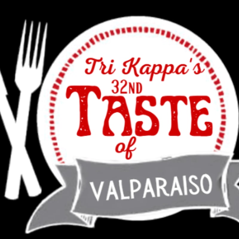 White cutlery is in the foreground against a black background, framing a circular logo with red text that reads "Tri Kappa's 32nd Taste of Valparaiso" and a grey banner below it.