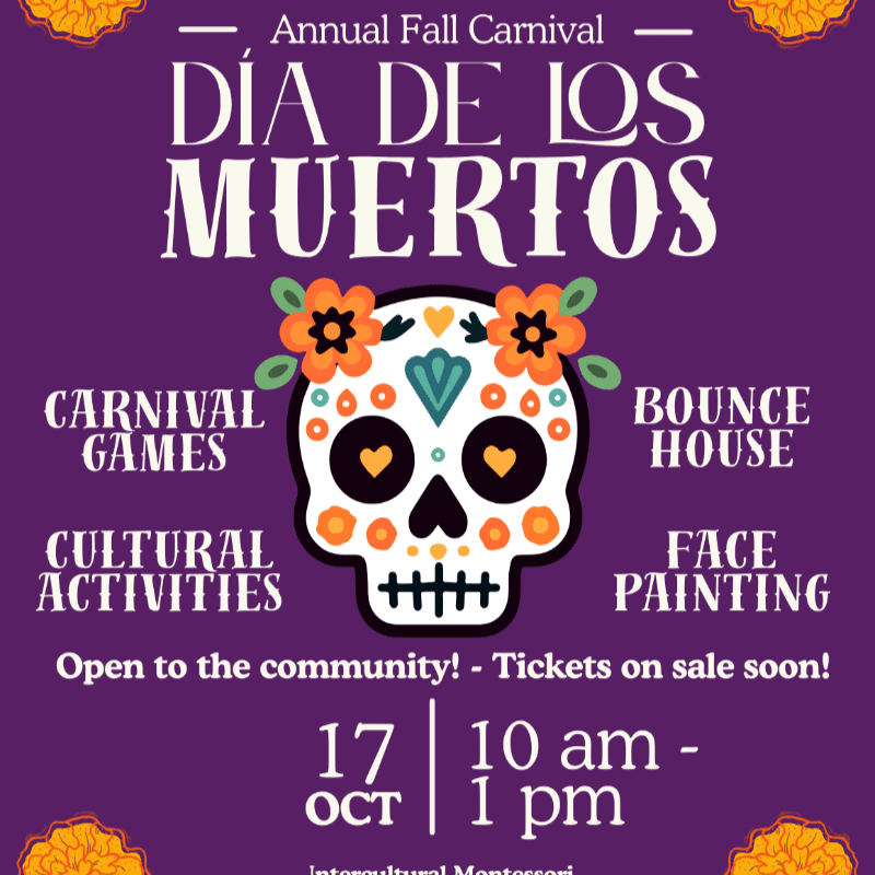 A colorful sugar skull with flowers adorns the center of a purple flyer advertising a Dia de los Muertos Fall Carnival with various activities and event details.