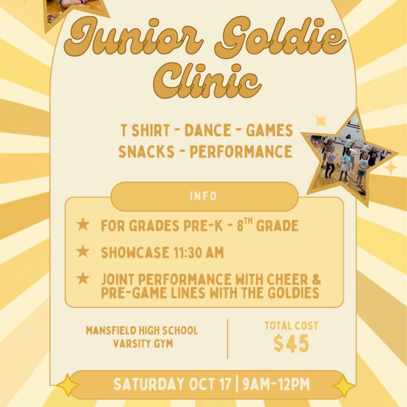 A yellow poster advertises a "Junior Goldie Clinic" with details about activities, age groups, and cost, set against a background of radiating yellow lines and stars.