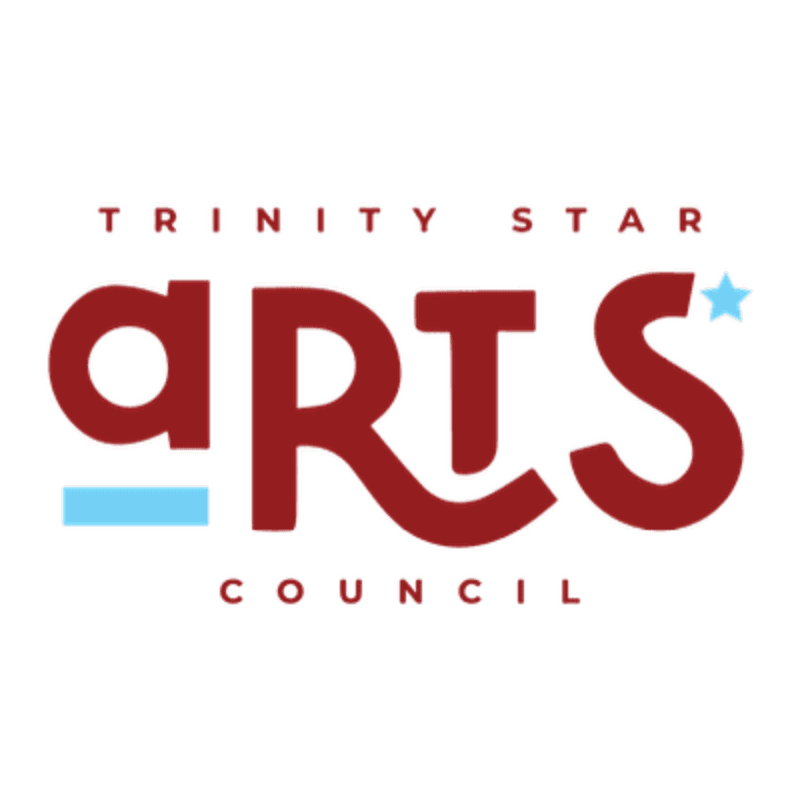 A logo with the words "TRINITY STAR ARTS COUNCIL" in dark red text, with a light blue line under the "a" and a light blue star above the "S", is set against a white background.