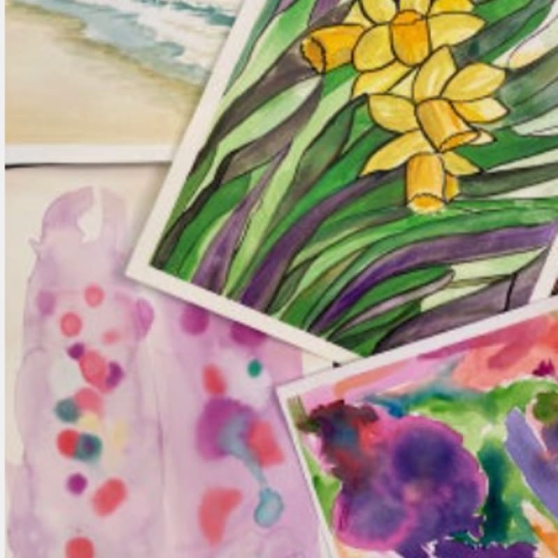 Watercolor paintings of daffodils and abstract floral designs are layered over a beach scene.