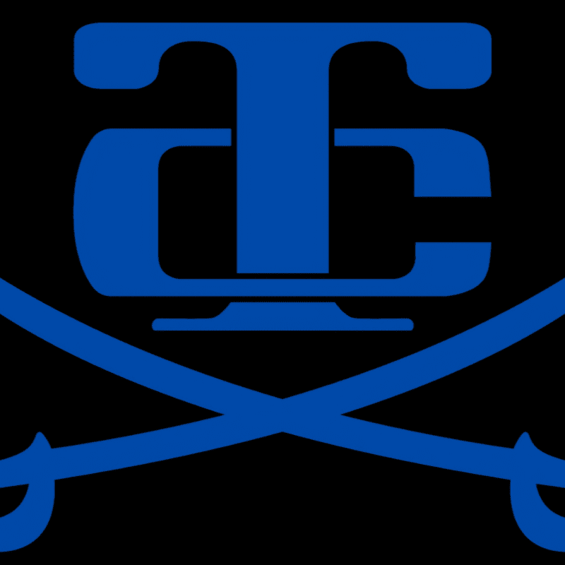 A blue monogram of "TEC" is superimposed over crossed sabers, all set against a black background.