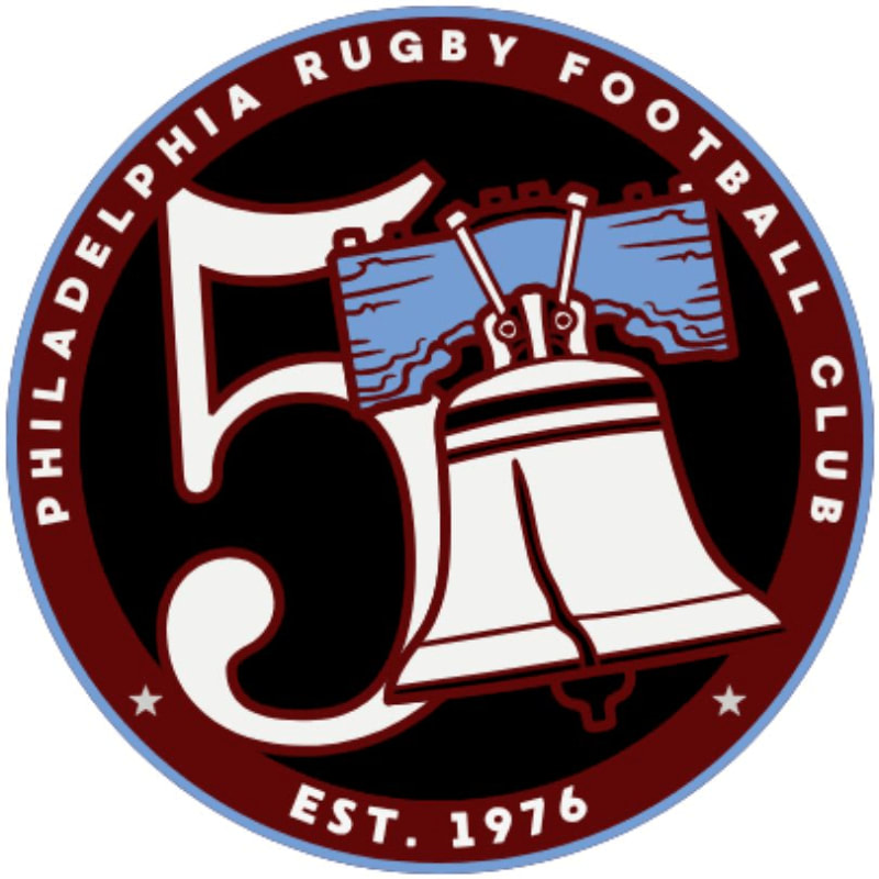 A circular logo features a large white number "5" with a stylized Liberty Bell in front of it, set against a black background with a maroon border that reads "PHILADELPHIA RUGBY FOOTBALL CLUB EST. 1976".