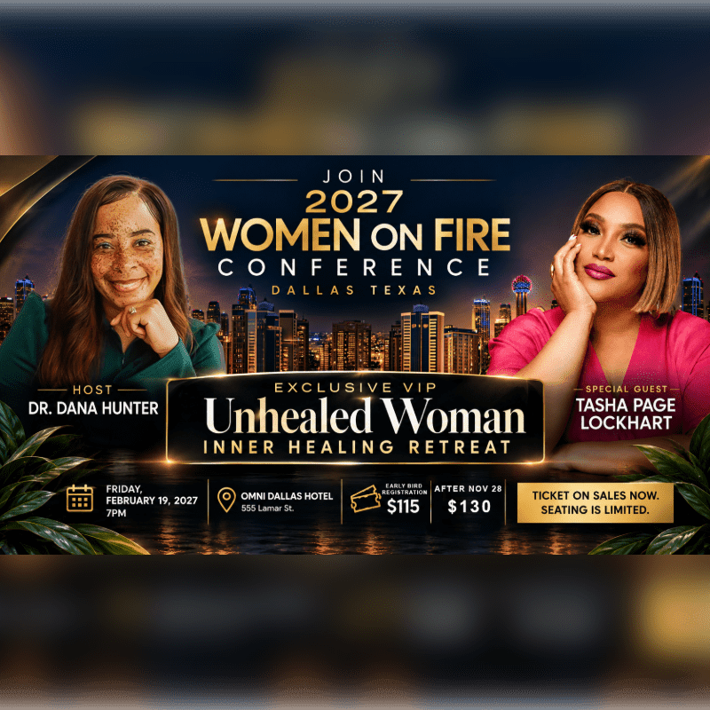 Two women are featured in the foreground of a conference advertisement, with a cityscape in the background.