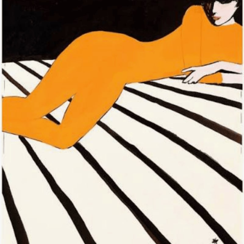 A woman in an orange jumpsuit reclines on a striped surface against a black background.