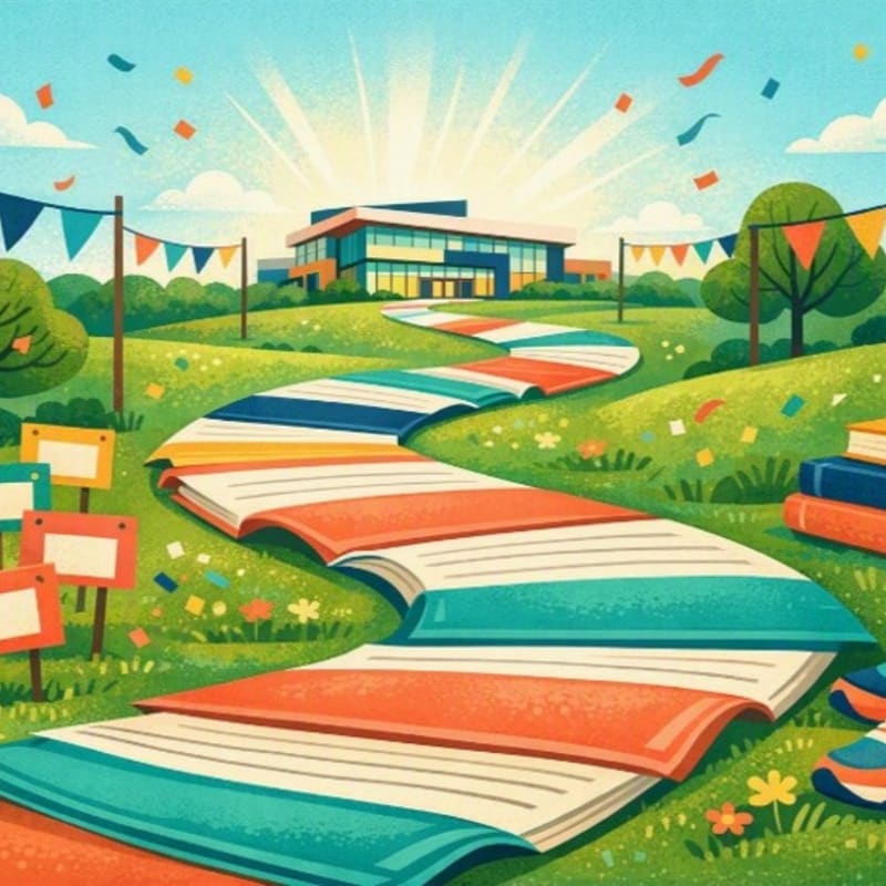 A colorful, winding path made of open books leads through a grassy field with festive banners and confetti towards a modern building under a bright, sunny sky.