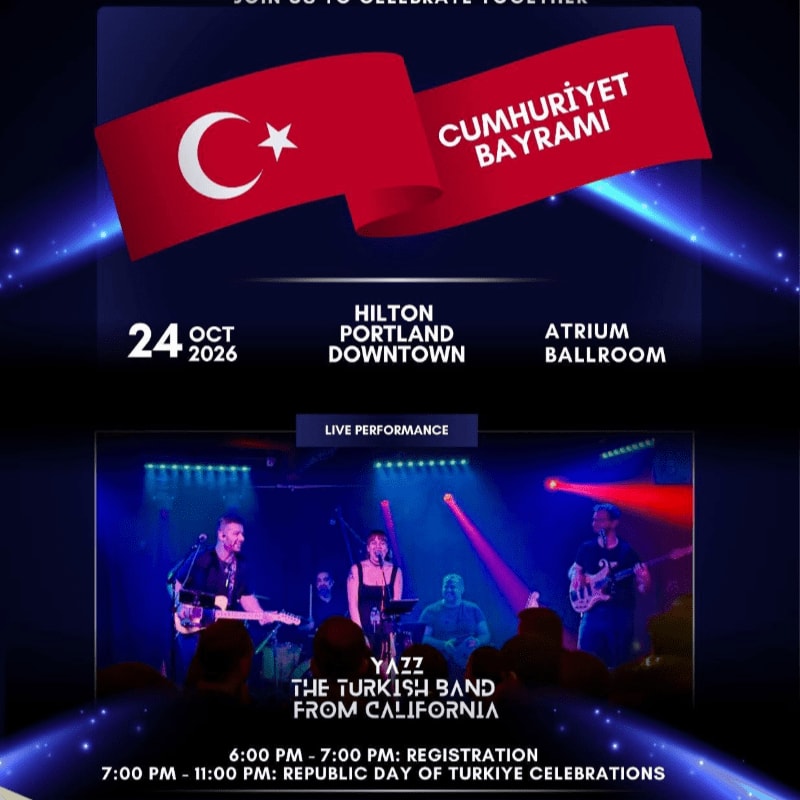 A Turkish flag waves above event details for a Republic Day celebration in Portland, Oregon, while below, a band performs on stage.