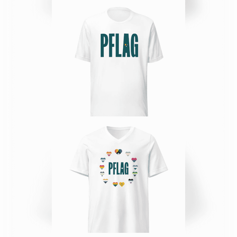 Two white t-shirts are displayed against a white background, with the top shirt featuring "PFLAG" in teal text and the bottom shirt also displaying "PFLAG" in teal text surrounded by a circle of small pride flag hearts.