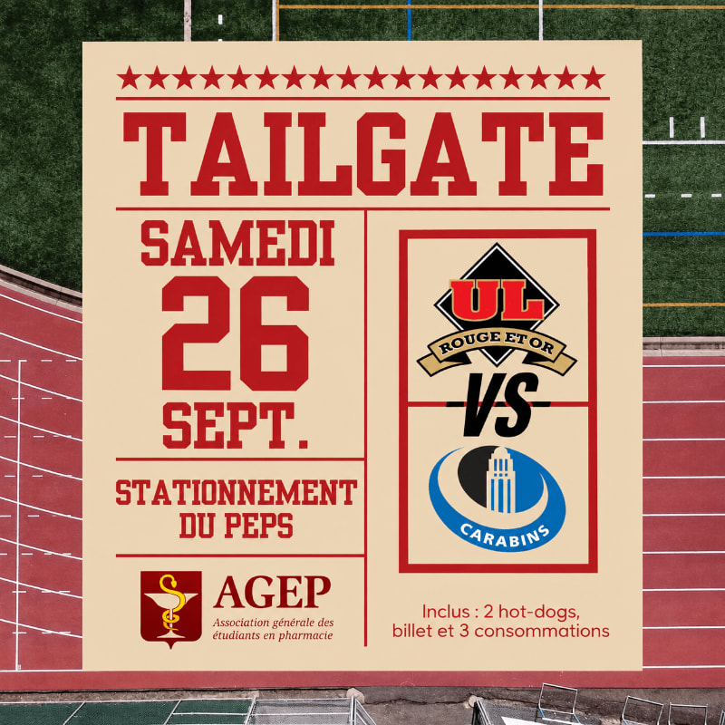 A red and beige poster advertising a tailgate event on Saturday, September 26th, is overlaid on a blurred background of a sports field with a track.