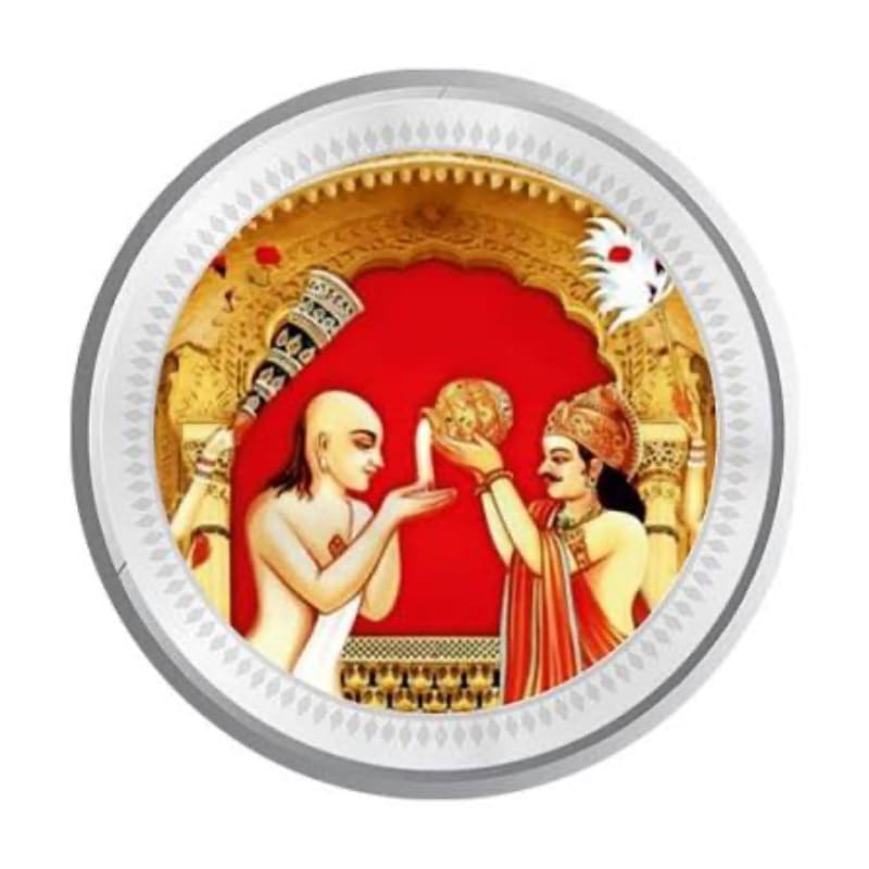 Two men in ornate attire stand before a red backdrop with golden architectural details, one offering a bowl of fruit to the other.