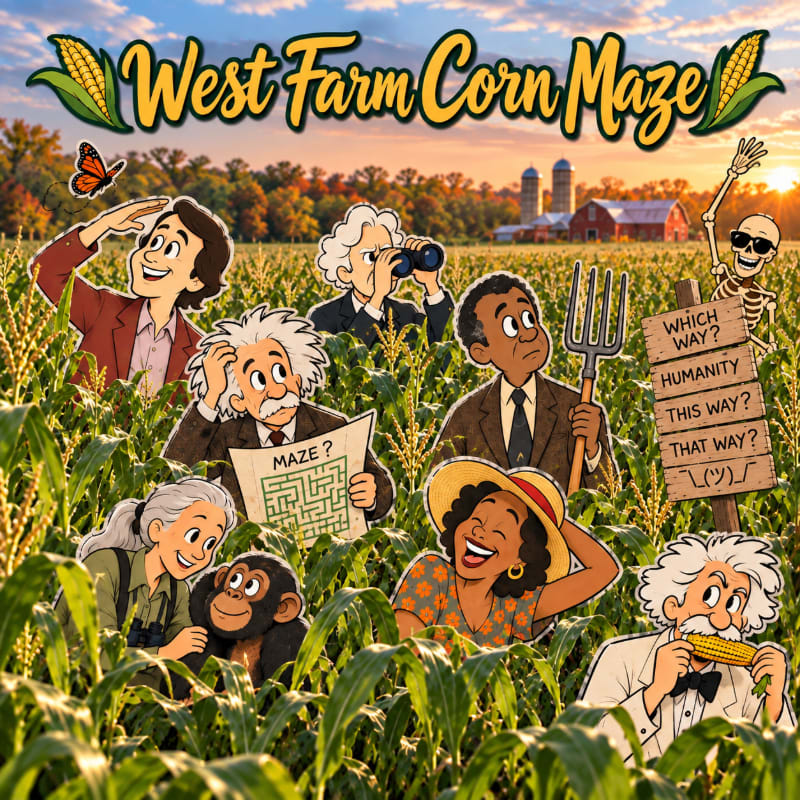 A group of cartoon characters, including Albert Einstein and a skeleton, are in a corn maze with a farm and silos in the background.