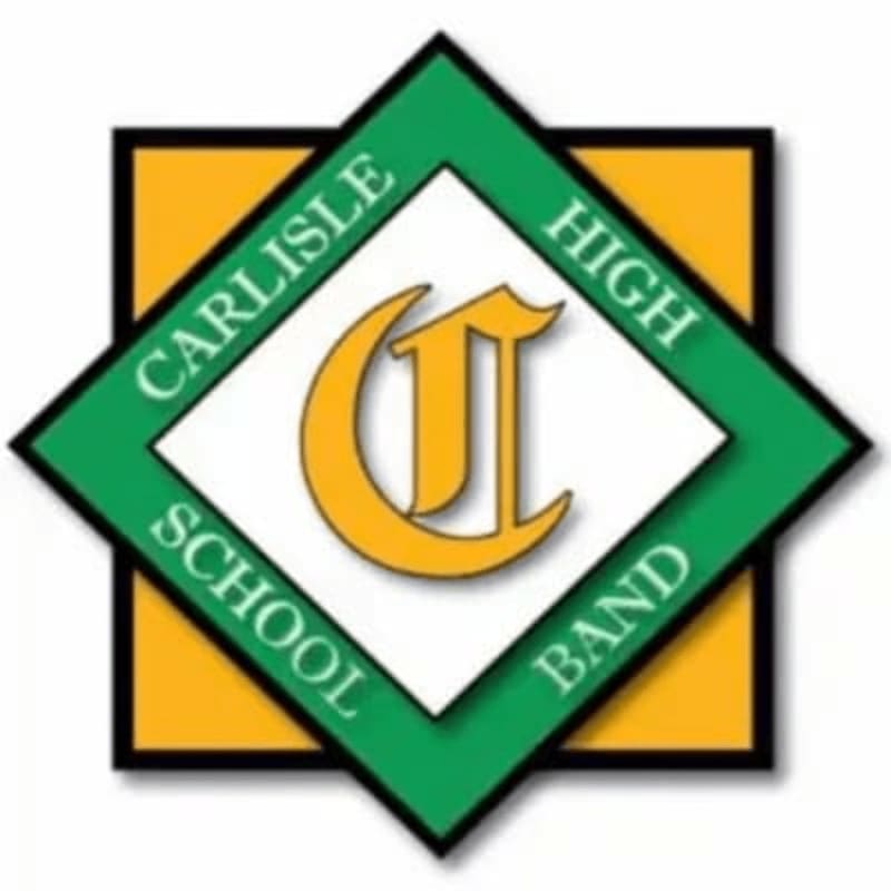A stylized yellow letter "C" is centered within a green diamond, which is itself set within a yellow square, forming the Carlisle High School Band logo.