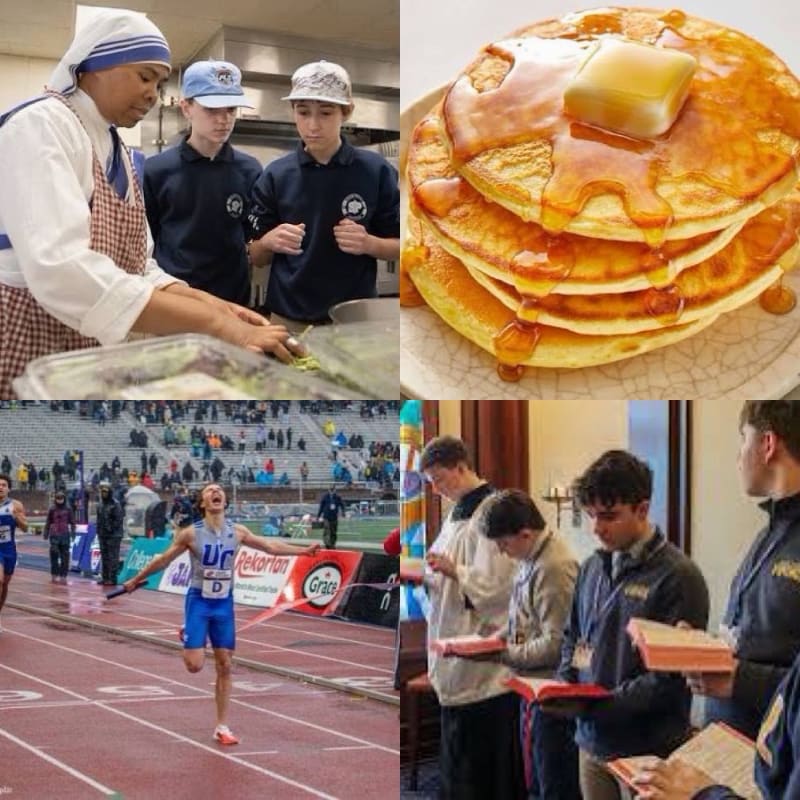 A group of students in uniform are shown in the foreground of three of the four quadrants, with a runner crossing a finish line, a stack of pancakes, and a woman in a habit preparing food in the background.