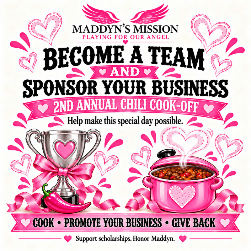 A pink trophy and a pot of chili adorned with ribbons and hearts are in the foreground, while the background features text promoting a chili cook-off for Maddyn's Mission.