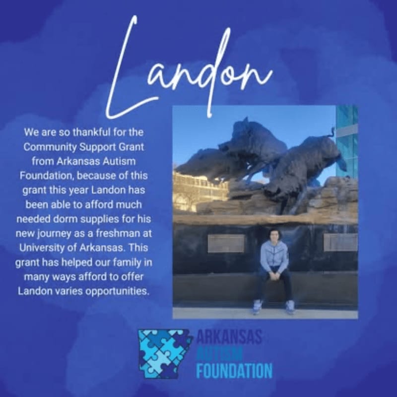 A young man sits in front of a sculpture of wild boars, with text about a grant for his college journey on the left and logos at the bottom against a blue, abstract background.