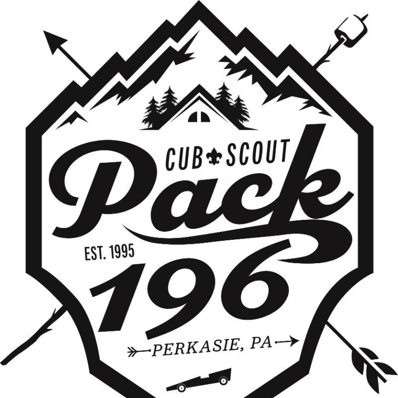 A black and white logo for Cub Scout Pack 196 features a mountain range and trees in the background, with arrows and a marshmallow on a stick in the foreground.