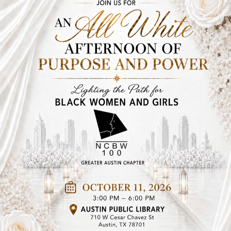 An elegant invitation for an "All White Afternoon of Purpose and Power" event for Black Women and Girls is set against a backdrop of draped white fabric and a cityscape.