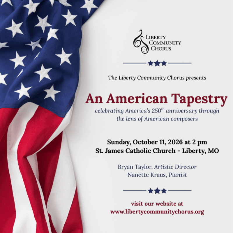 A draped American flag fills the left foreground, while the right background displays text announcing "An American Tapestry" by the Liberty Community Chorus.