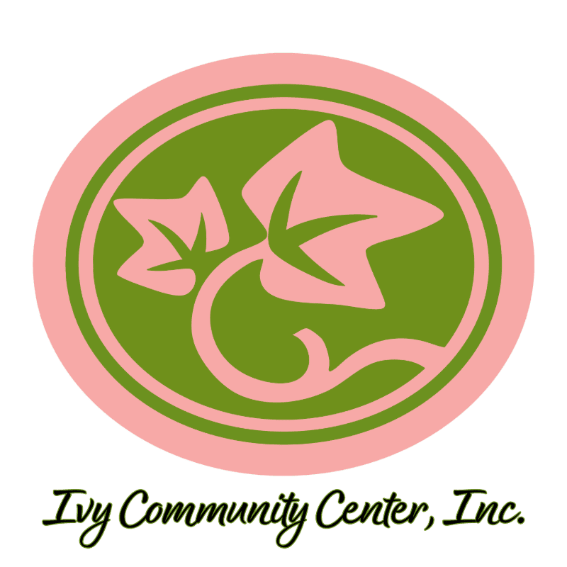 A pink oval with a green inner oval frames a stylized pink ivy vine, with the words "Ivy Community Center, Inc." written below in cursive.