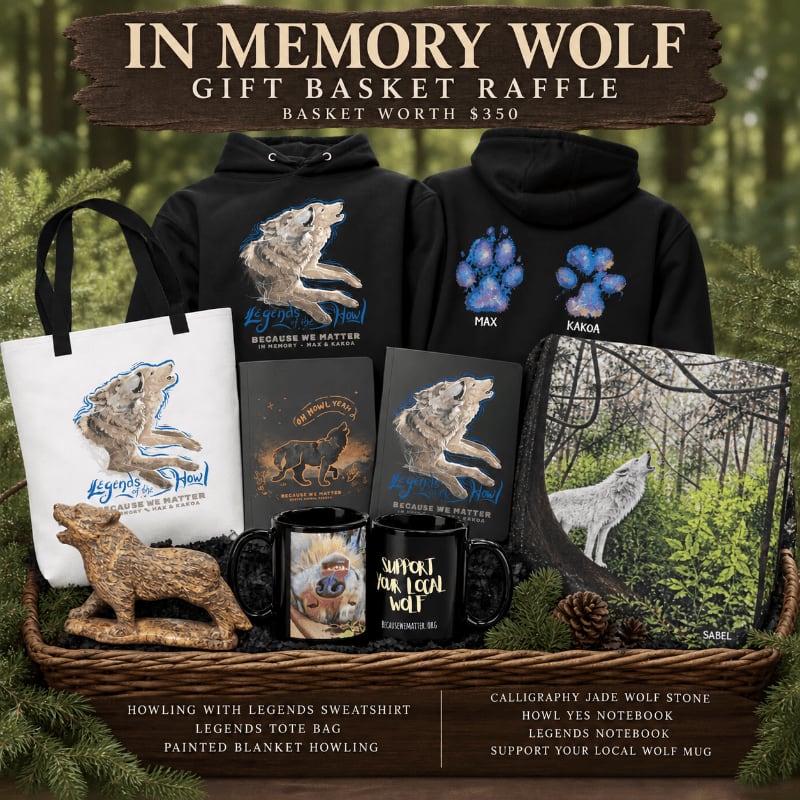 A gift basket raffle for "In Memory Wolf" features wolf-themed merchandise like hoodies, a tote bag, mugs, and notebooks, set against a rustic background of trees and pinecones.