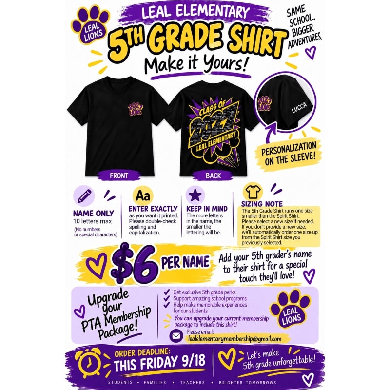 A black t-shirt with "Leal Elementary 5th Grade Shirt" design is displayed in the foreground, with promotional text and ordering details in the background.