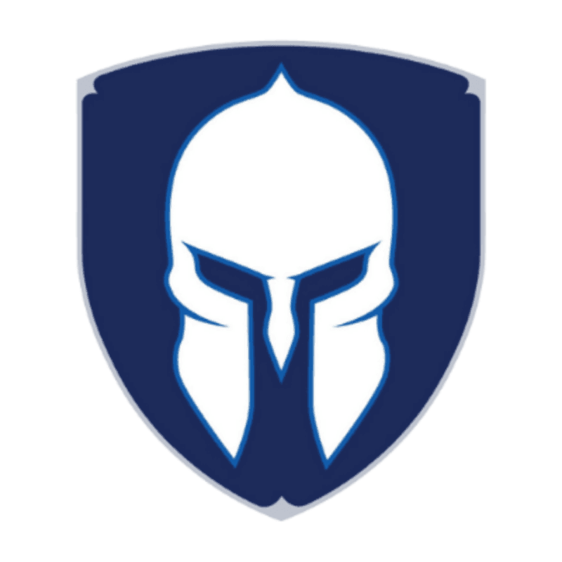 A white Spartan helmet is centered on a dark blue shield with a lighter blue outline.