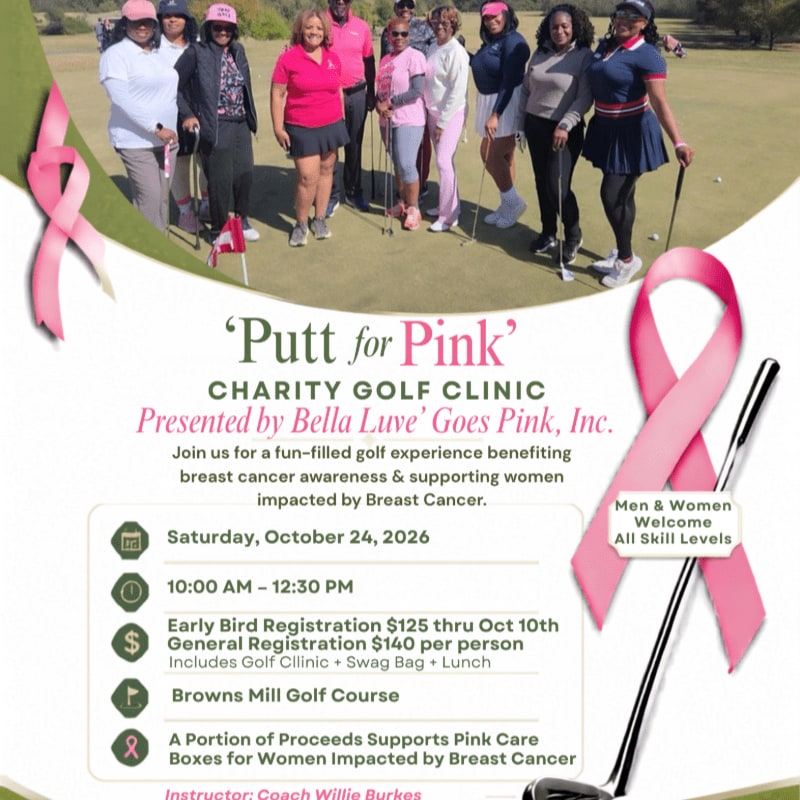 A group of women in pink attire stands on a golf course with a golf club and pink ribbons in the foreground, advertising a charity golf clinic.
