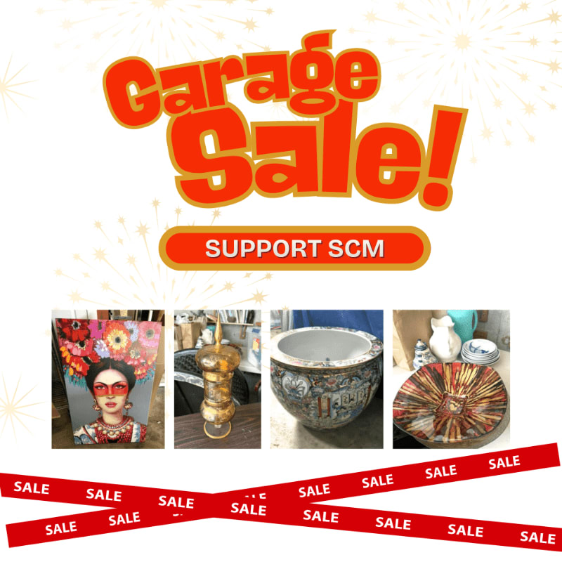 A vibrant "Garage Sale!" banner with "SUPPORT SCM" below it hovers over four diverse items for sale, all framed by red "SALE" ribbons against a sparkling gold background.