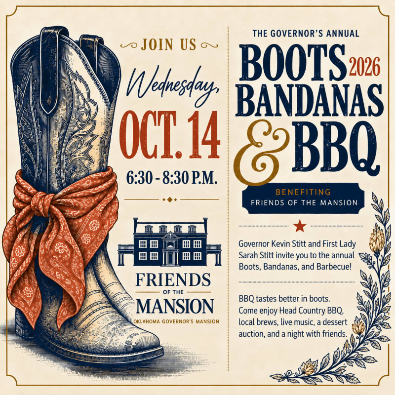 A detailed illustration of a cowboy boot with a bandana tied around it stands in the foreground against a background of event details for the Governor's Annual Boots, Bandanas & BBQ.