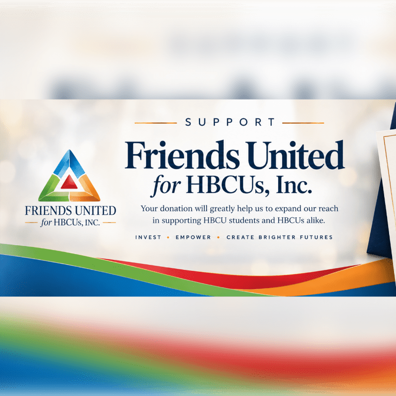 A colorful banner with the Friends United for HBCUs, Inc. logo and a message of support is displayed against a blurred background of bokeh lights.