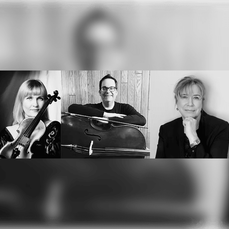 Three musicians, a woman with a violin in the foreground left, a man with a cello in the foreground center, and a woman with her hand on her chin in the foreground right, are presented in a triptych against blurred backgrounds.