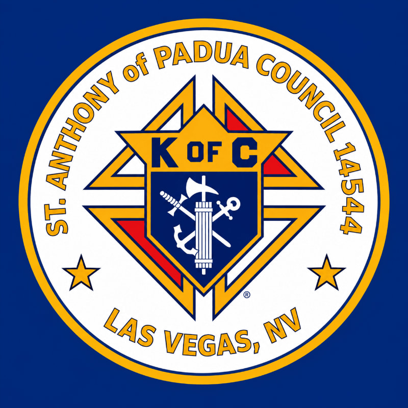 A circular emblem with "ST. ANTHONY OF PADUA COUNCIL 14544 LAS VEGAS, NV" around the edge, featuring a shield with a K of C logo and crossed symbols in the center, is set against a solid blue background.