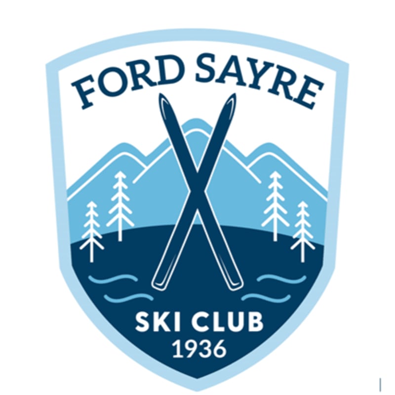 A blue and white shield logo features crossed skis and pine trees in the foreground against a backdrop of stylized mountains.