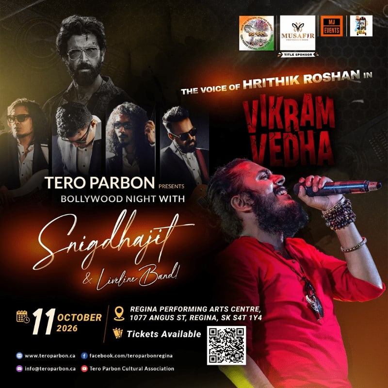 A man singing into a microphone dominates the foreground, while the background features promotional text for a Bollywood night and several portraits of a man in sunglasses.