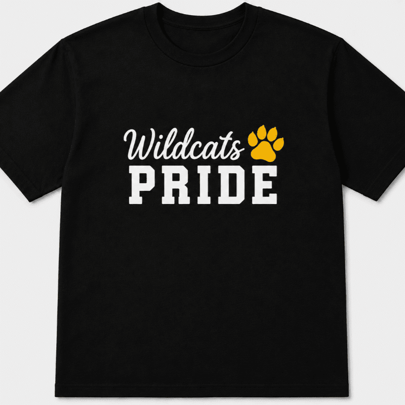 A black t-shirt featuring the text "Wildcats PRIDE" and a gold paw print against a plain white background.