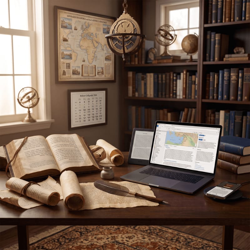 A modern laptop and tablet sit alongside ancient scrolls and an open tome on a wooden desk, set against a background of a scholarly library with bookshelves and a world map.
