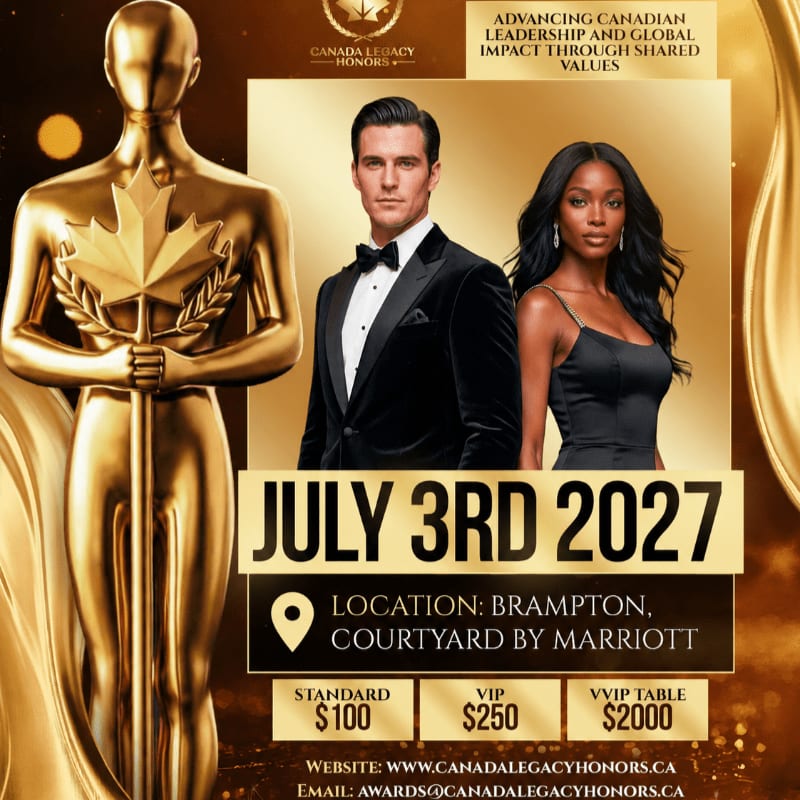 A golden trophy statue stands in the foreground of an event flyer featuring a formal couple and event details against a shimmering gold background.
