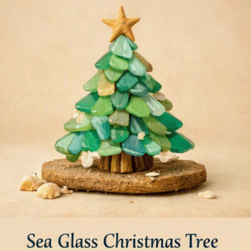 A sea glass Christmas tree with a starfish topper sits on a wooden base with scattered shells against a plain beige background.