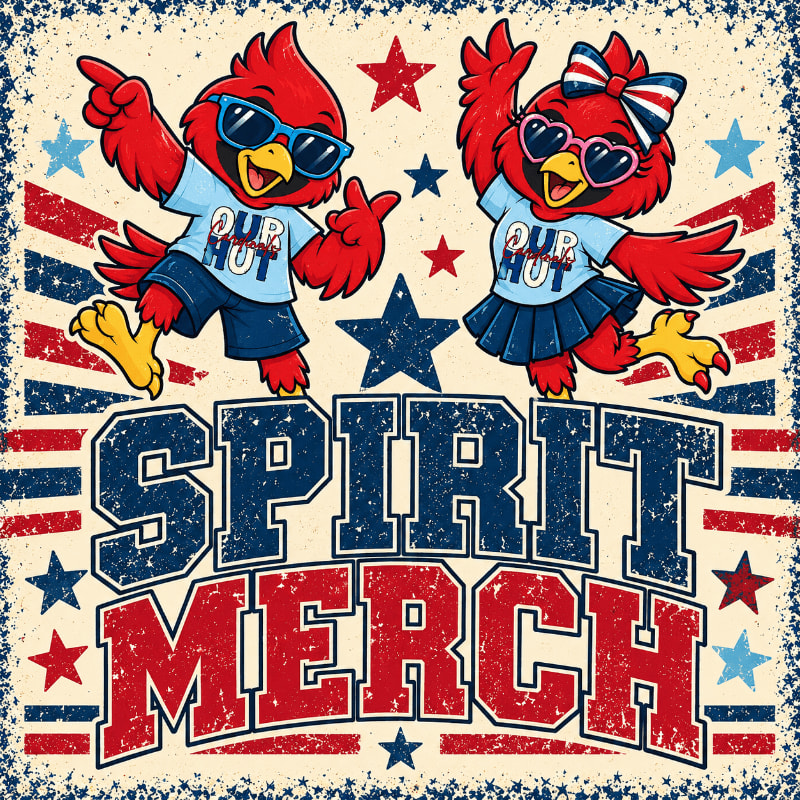 Two cartoon red birds wearing sunglasses and casual clothes stand above the words "SPIRIT MERCH" against a patriotic red, white, and blue star-patterned background.
