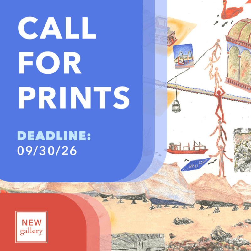 A blue text box announcing a "Call for Prints" sits in the foreground over a surrealist illustration of figures and structures in the background.