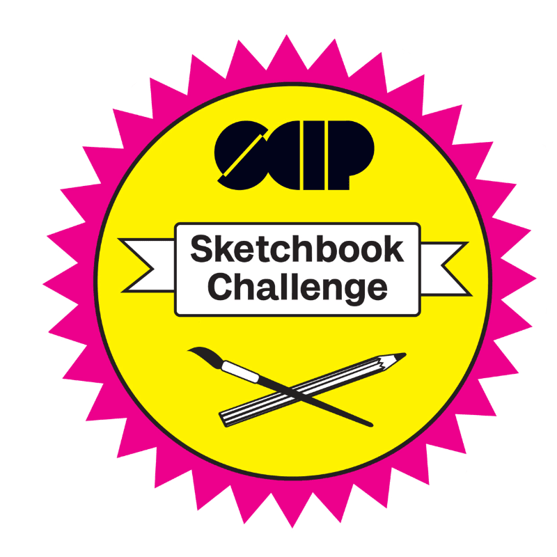 A yellow circular badge with a pink jagged border contains a logo, the text "Sketchbook Challenge" on a white ribbon, and a crossed paintbrush and pencil, all set against a plain white background.