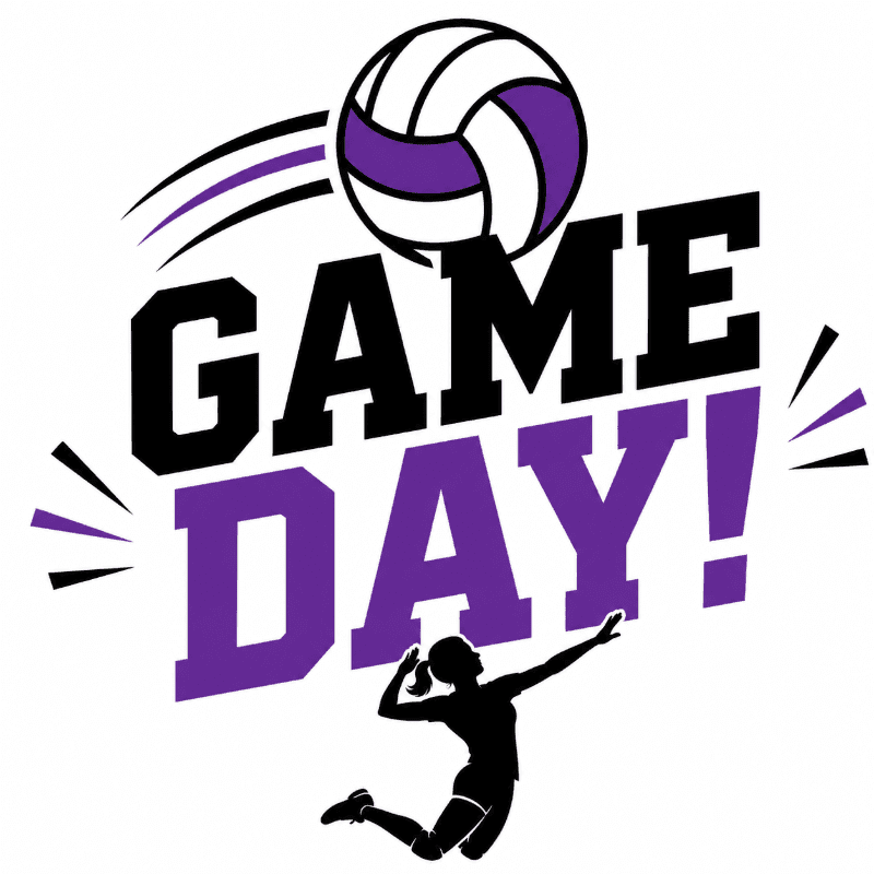 A silhouette of a volleyball player jumping to hit a ball is in the foreground, with the words "GAME DAY!" in large purple and black letters behind her, and a volleyball at the top against a white background.